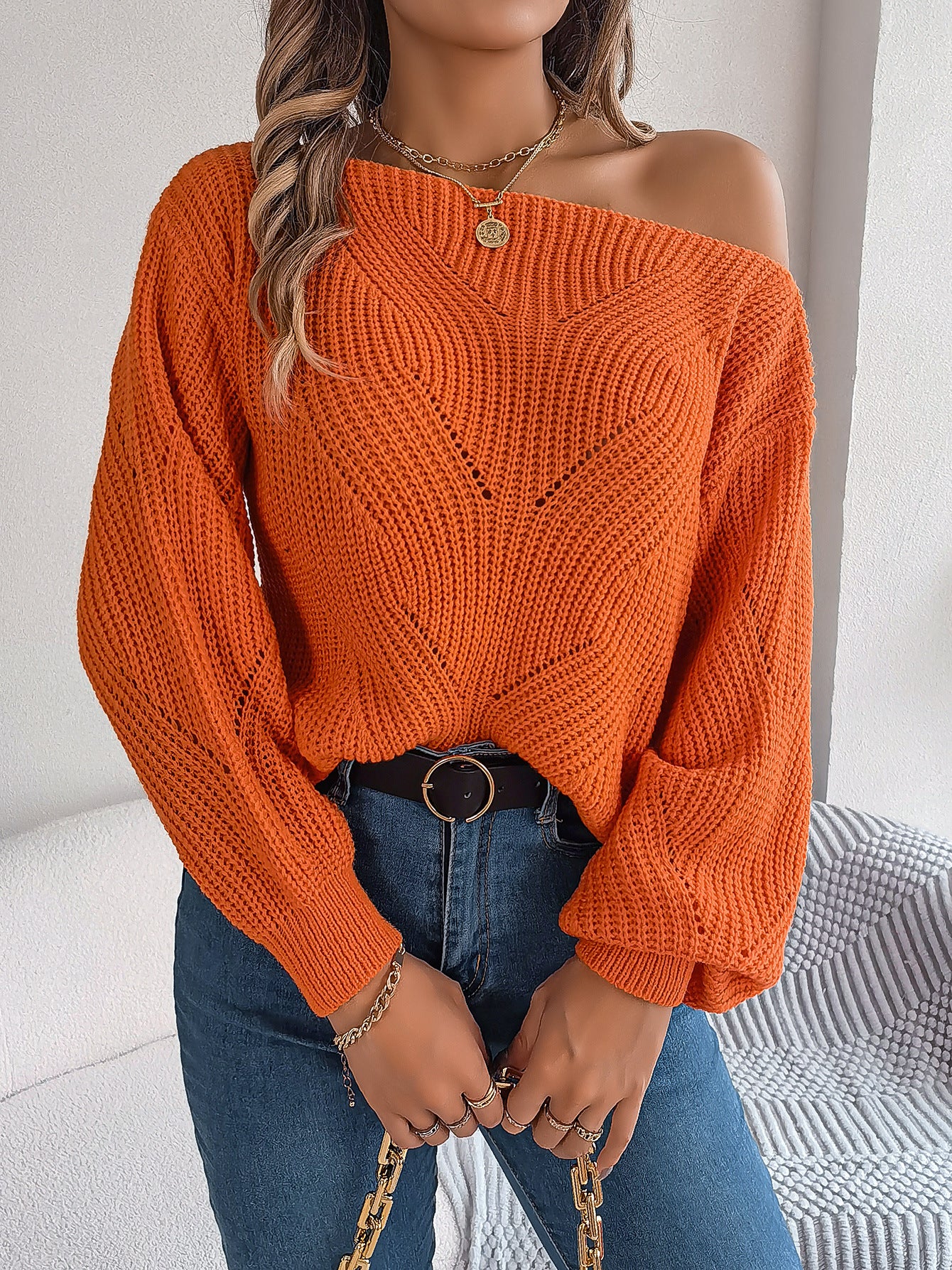 Fashion Hollow-Out Off-Neck Off-The-Shoulder Lantern Sleeve Sweater