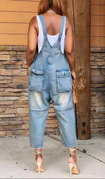 Fashion Casual Siamese Suspender Jeans