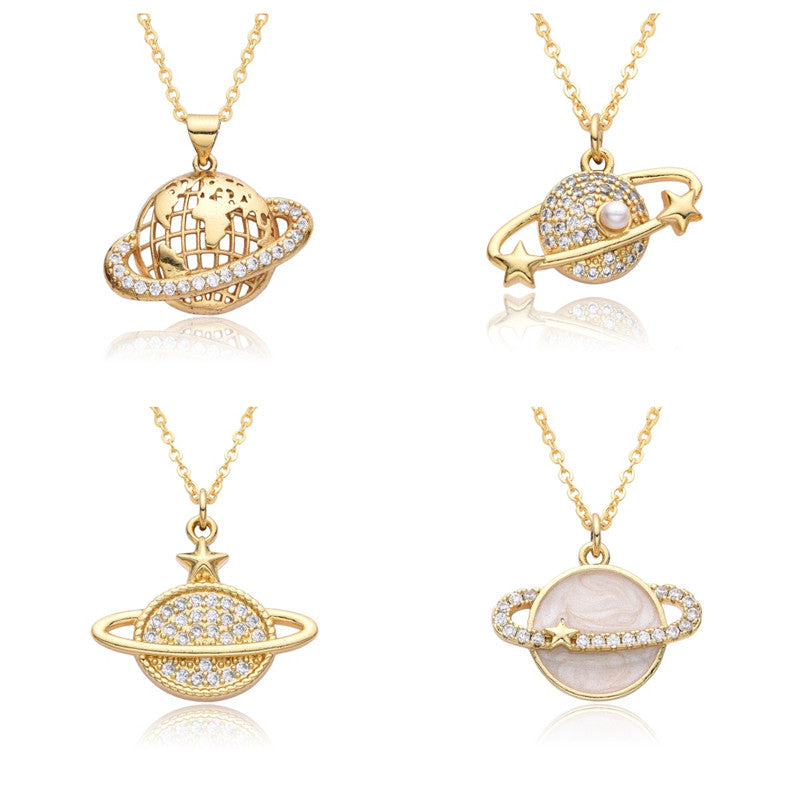 Fashion Copper Micro Inlay Color Zircon Personality Planet Pendant Plated Necklace