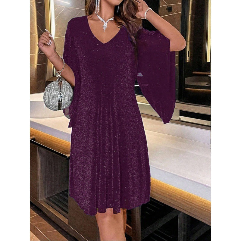 Fashion V-Neck Half Sleeve Loose Waist Shiny Dress
