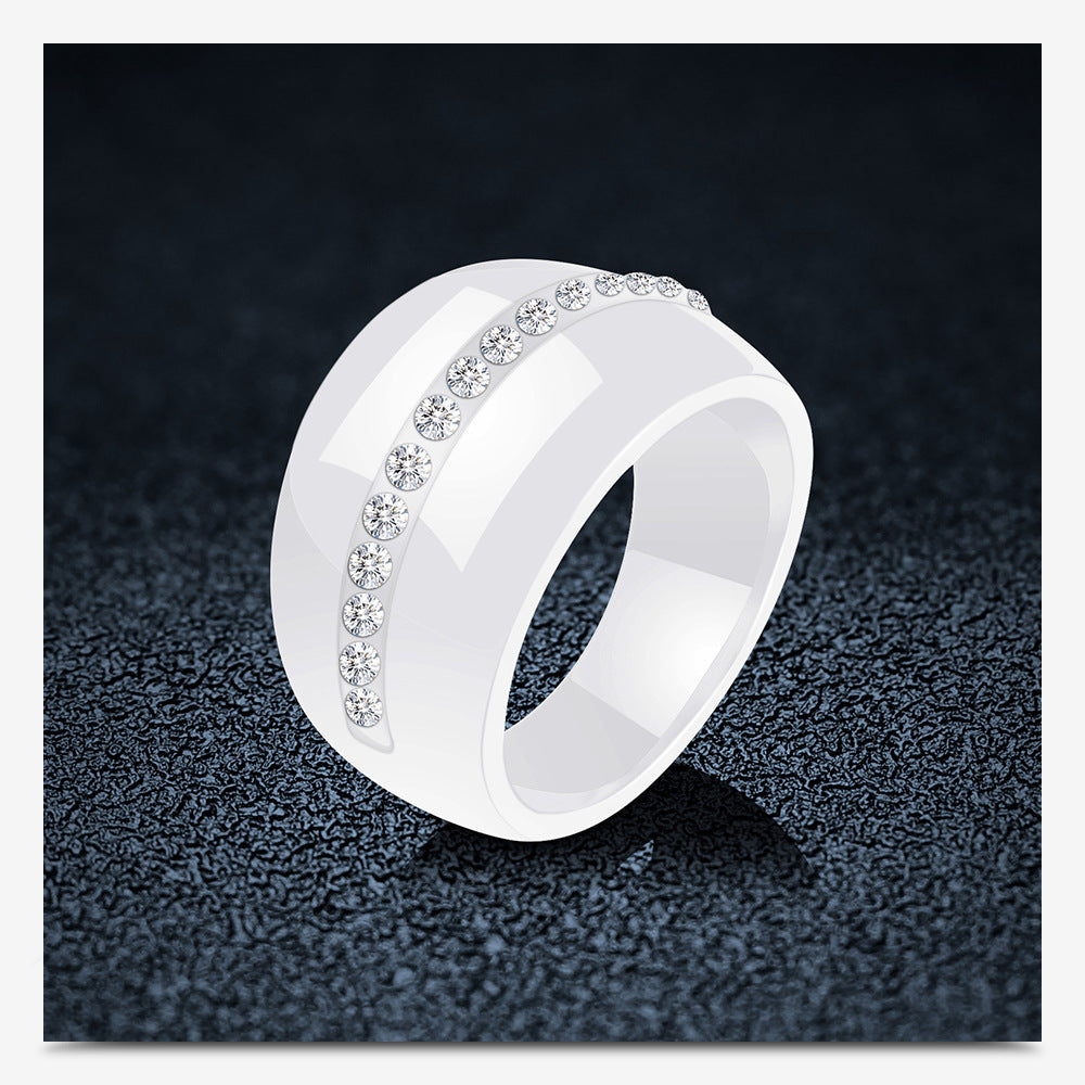 Fashion Single Row Diamond-Embedded Ceramic Ring