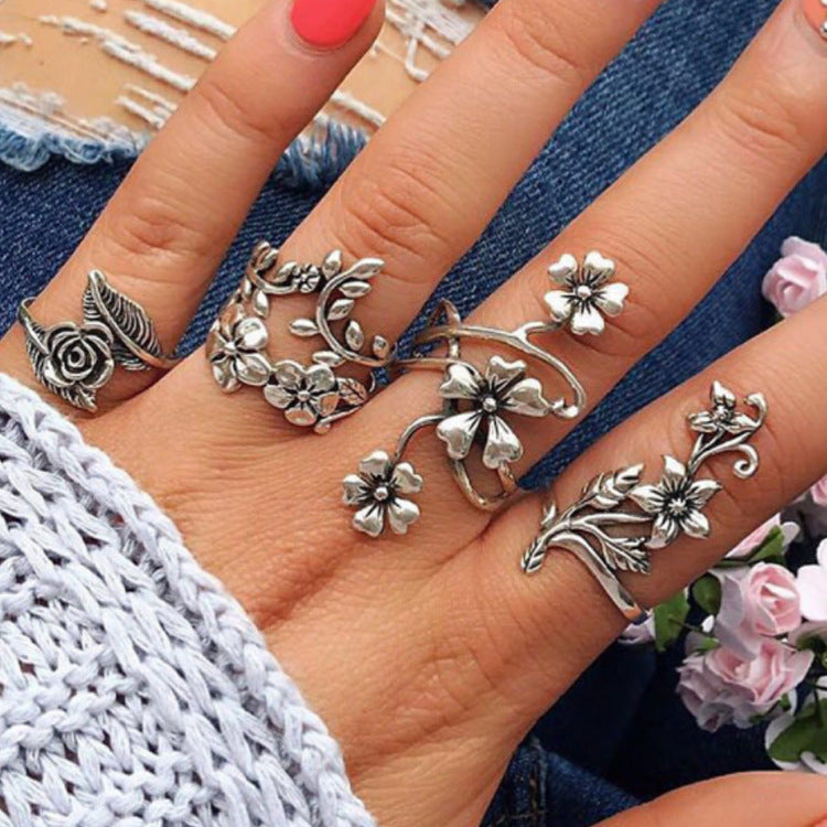 Fashion Personality Antique Silver Hollow Flower Ring Set