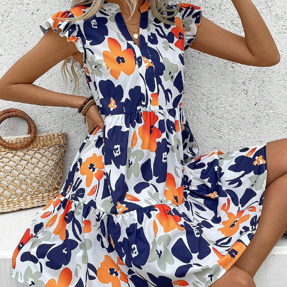 Fashion Ruffled Hem Notched Collar Bay Sleeve Dress