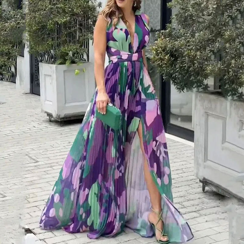 Fashion Sleeveless V-Neck Tight Waist Split Dress