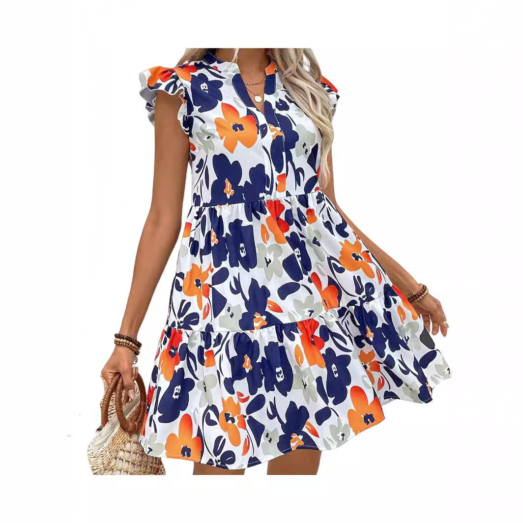 Fashion Ruffled Hem Notched Collar Bay Sleeve Dress