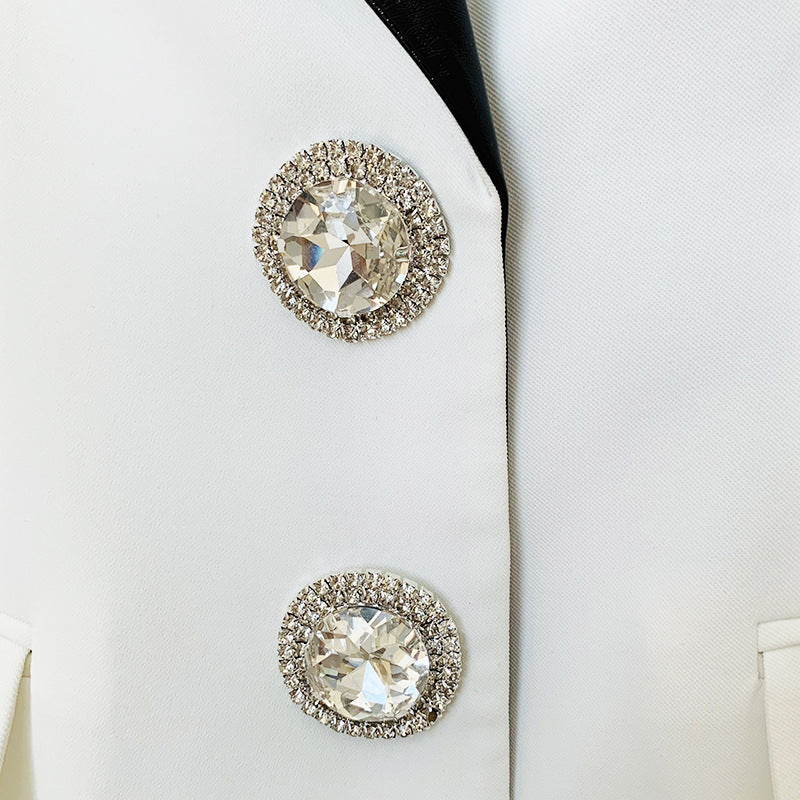 Fashion Contrast Leather Blazer Collar Diamond Jacket