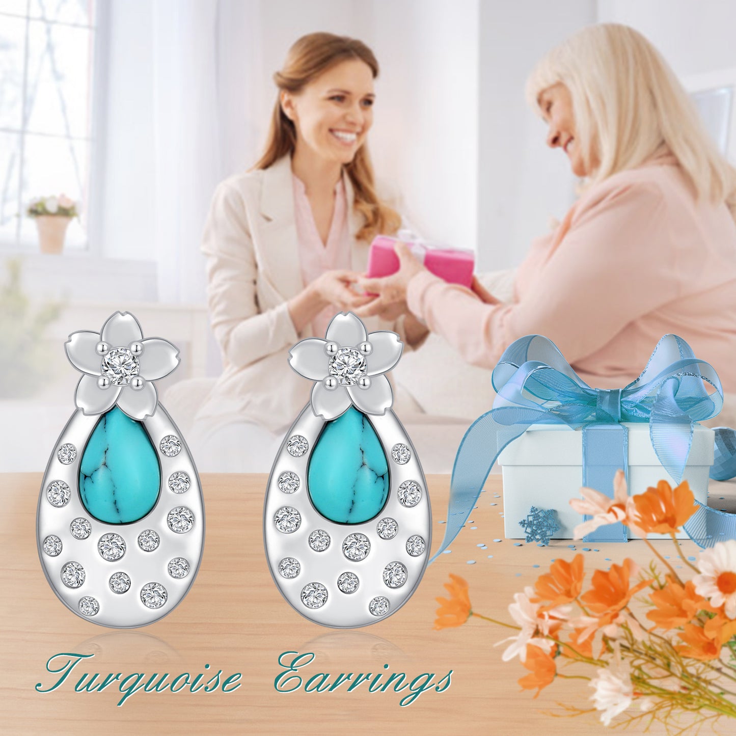 Fashion Turquoise Cherry Blossom Stud Earrings
