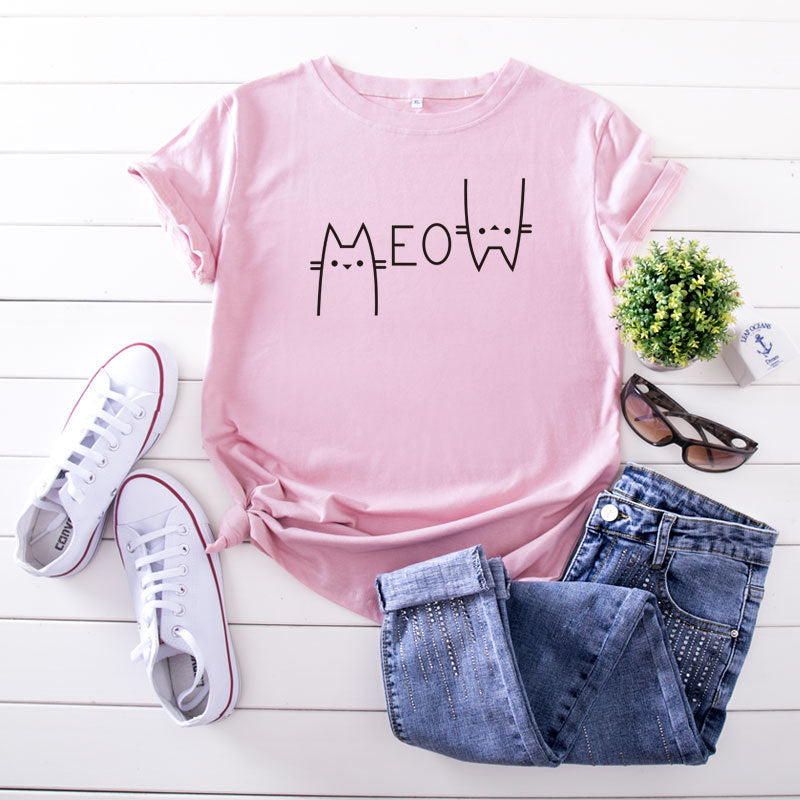 Fashion Cat Letter Cotton T-Shirt