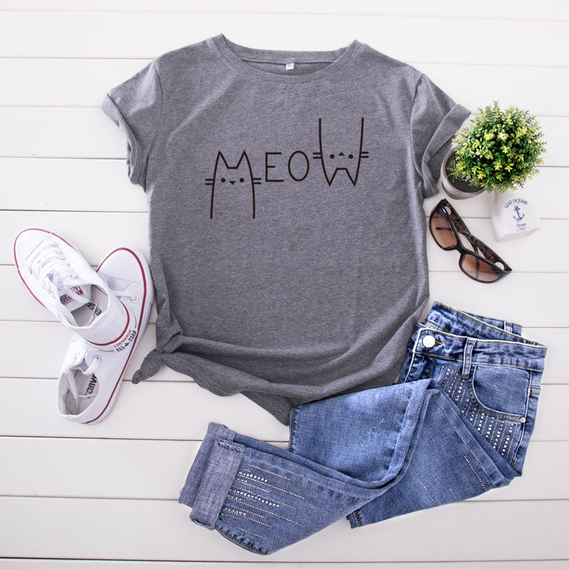 Fashion Cat Letter Cotton T-Shirt