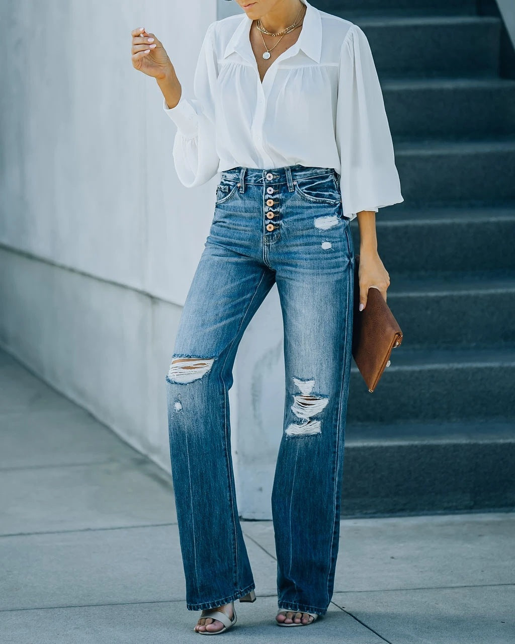 Fashion Water Washed Hole Single-Breasted Jeans