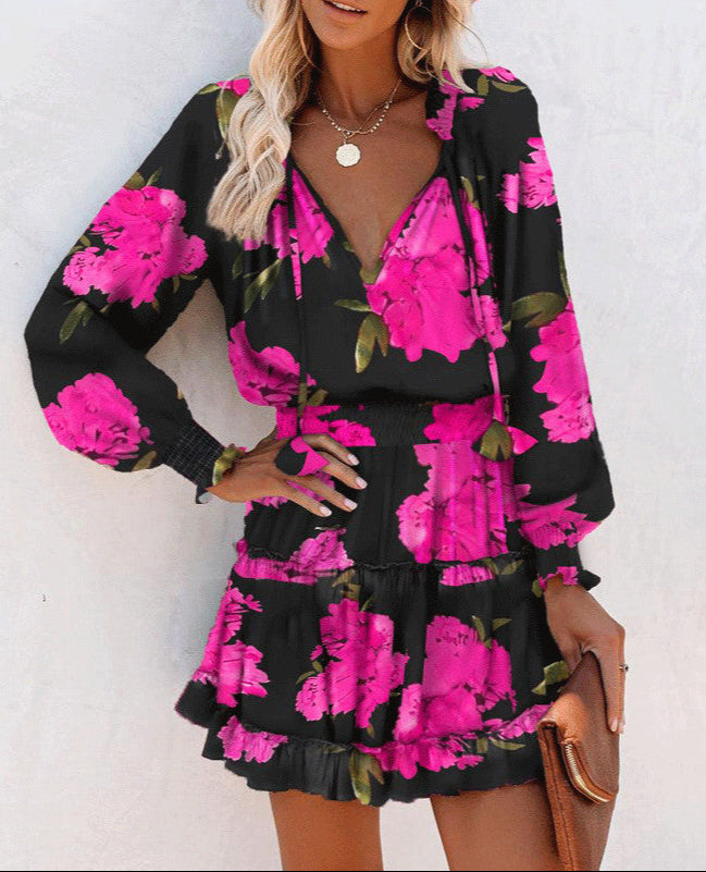 Fashion Printed Patchwork Puff Sleeve Dress