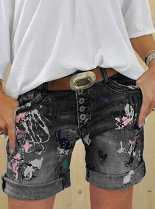 Fashion Washed Printed Jeans Shorts