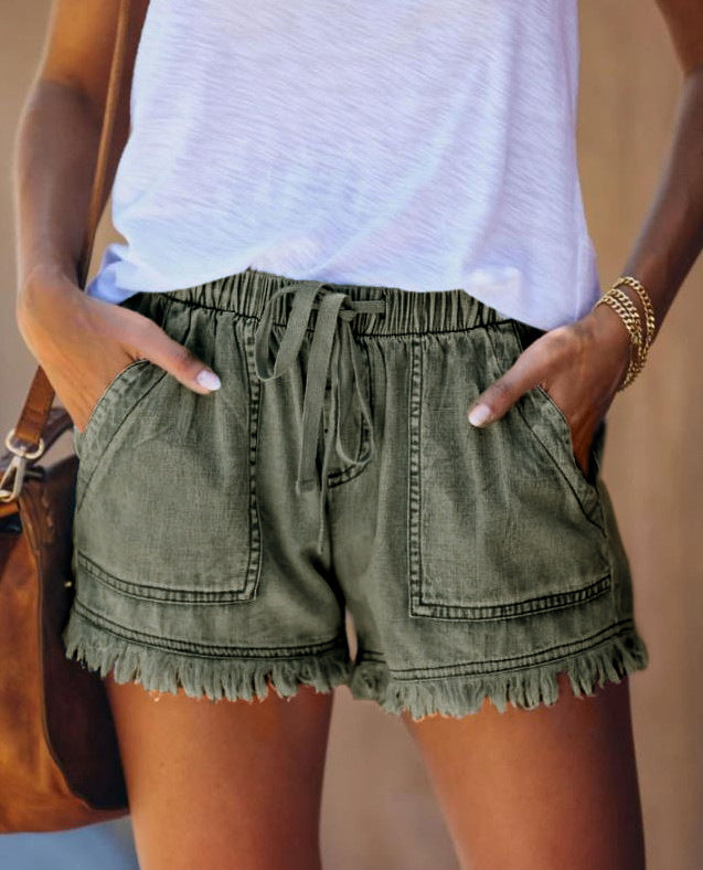 Fashion Fringed Elastic Loose Denim Shorts