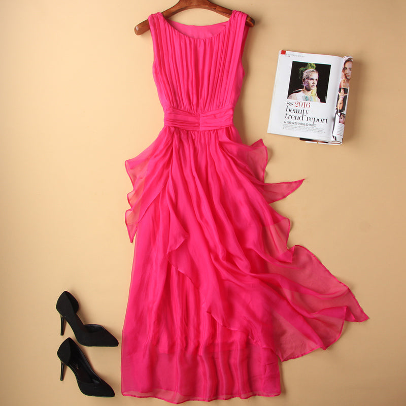 Fashion Round Neck Silk Long Dress