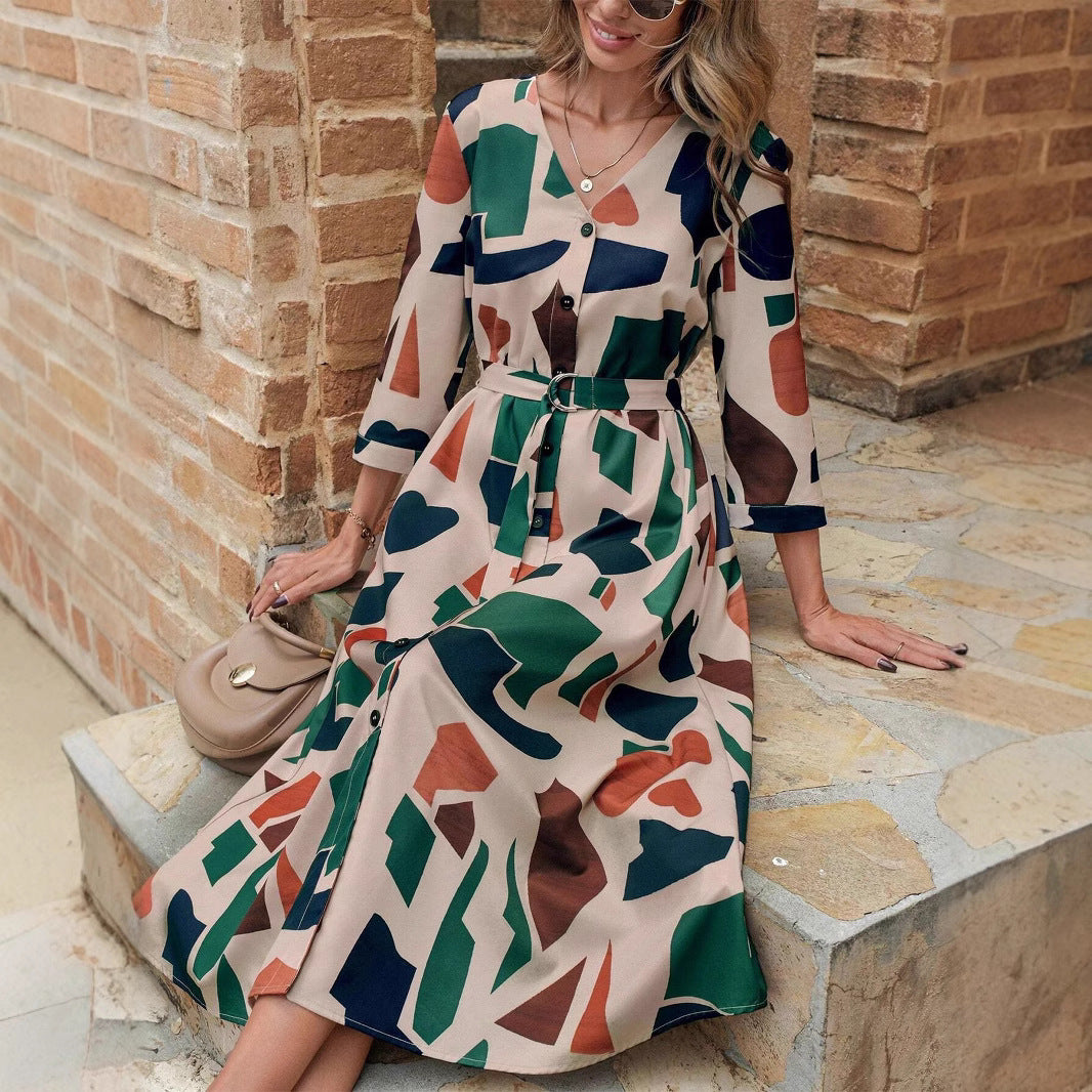 Fashion V-Neck Printed Belt Dress
