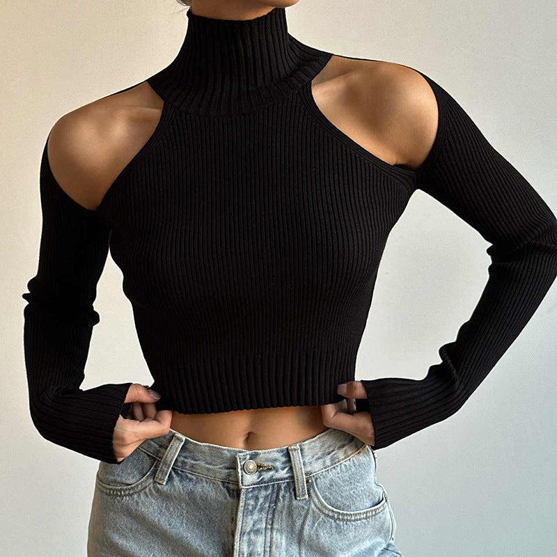 Fashion High Neck Shoulder Cut Out Long Sleeve Shirt