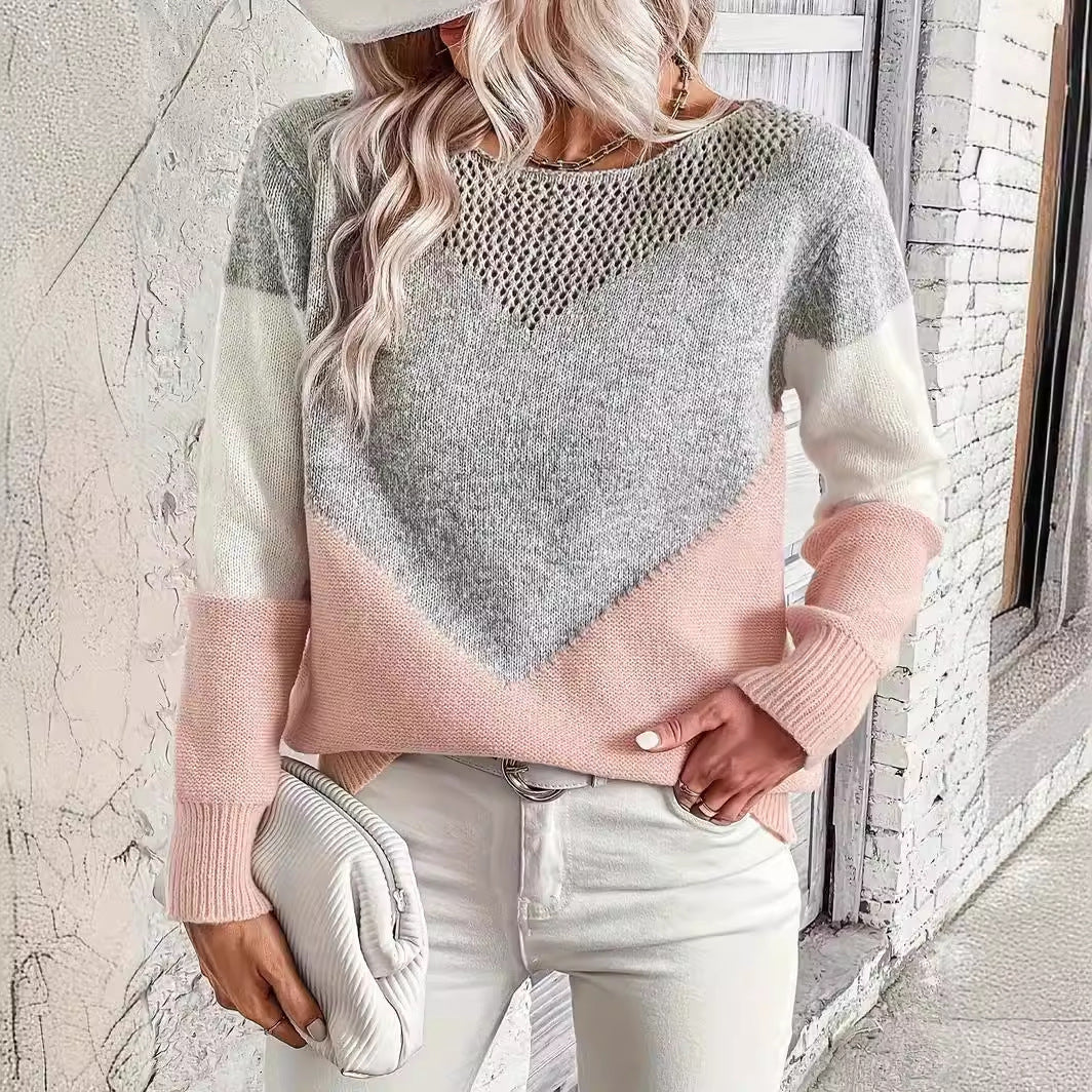 Fashion Round Neck Contrast Color Pullover Sweater
