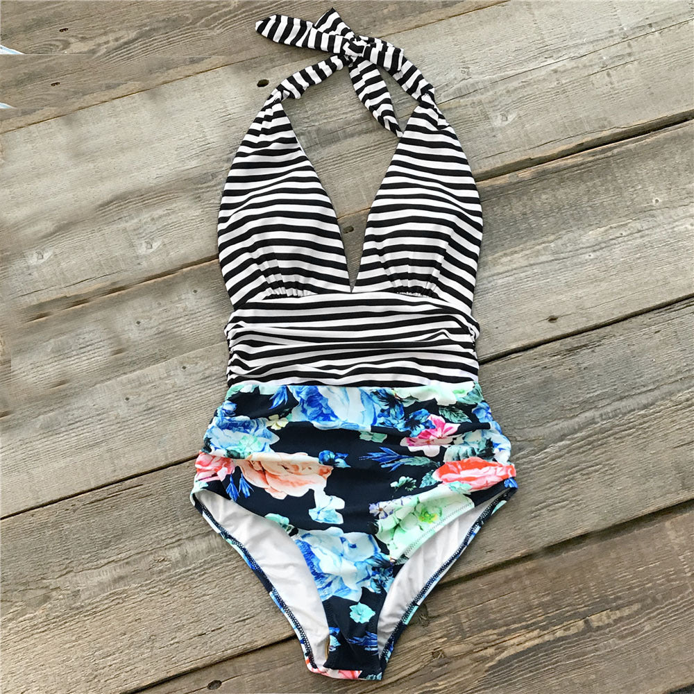Fashion Digital Print Backless One-Piece Swimsuit