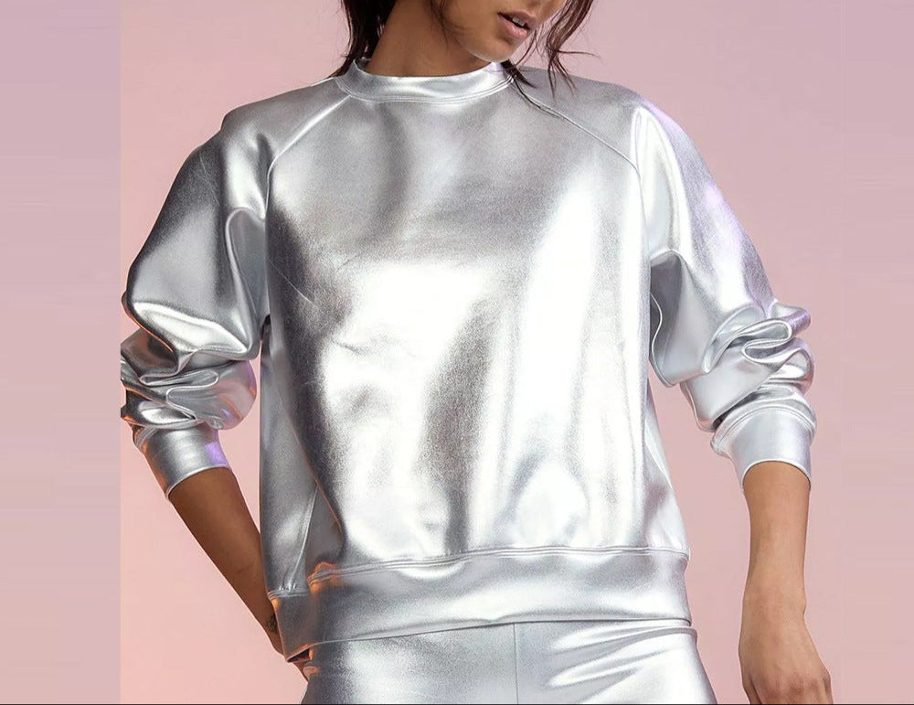 Fashion Round Neck Long Sleeve PU Leather Shirt