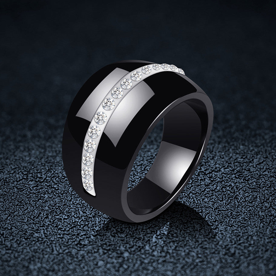 Fashion Single Row Diamond-Embedded Ceramic Ring