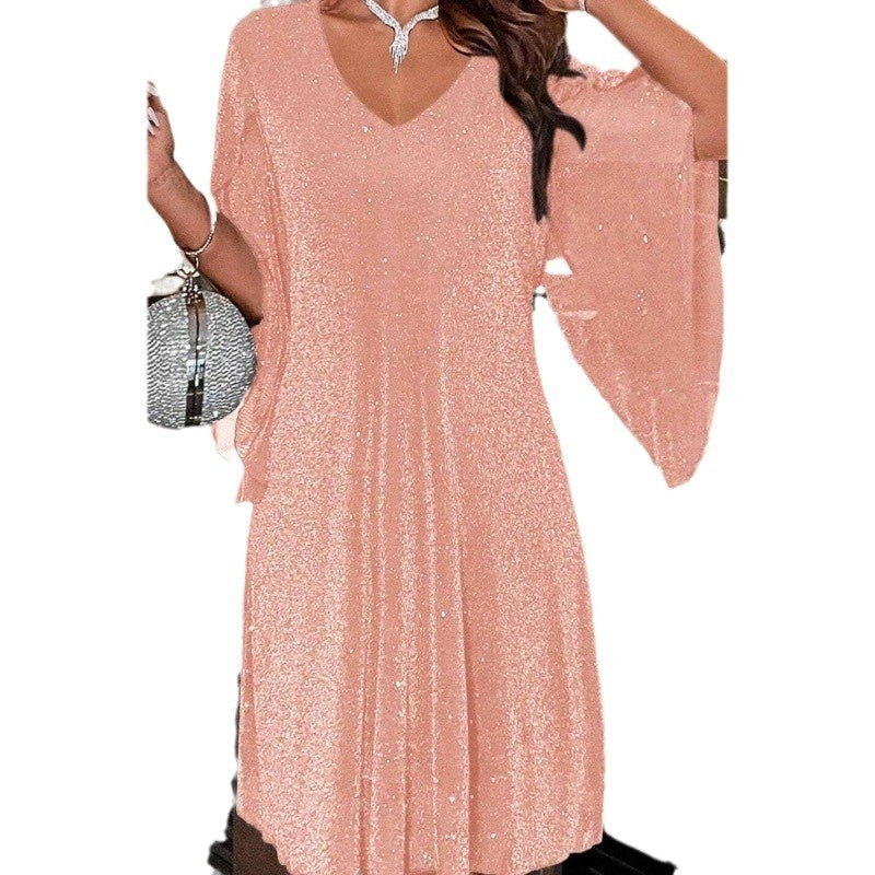 Fashion V-Neck Half Sleeve Loose Waist Shiny Dress