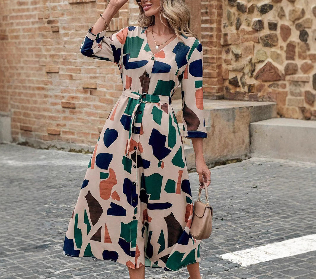 Fashion V-Neck Printed Belt Dress
