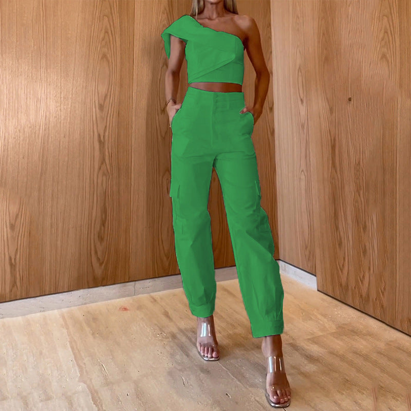 Fashion Off-Shoulder Short Top Pocket Skinny Pants
