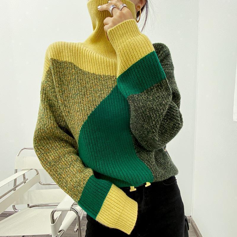 Fashion Retro Patchwork Contrast Color Turtleneck Sweater