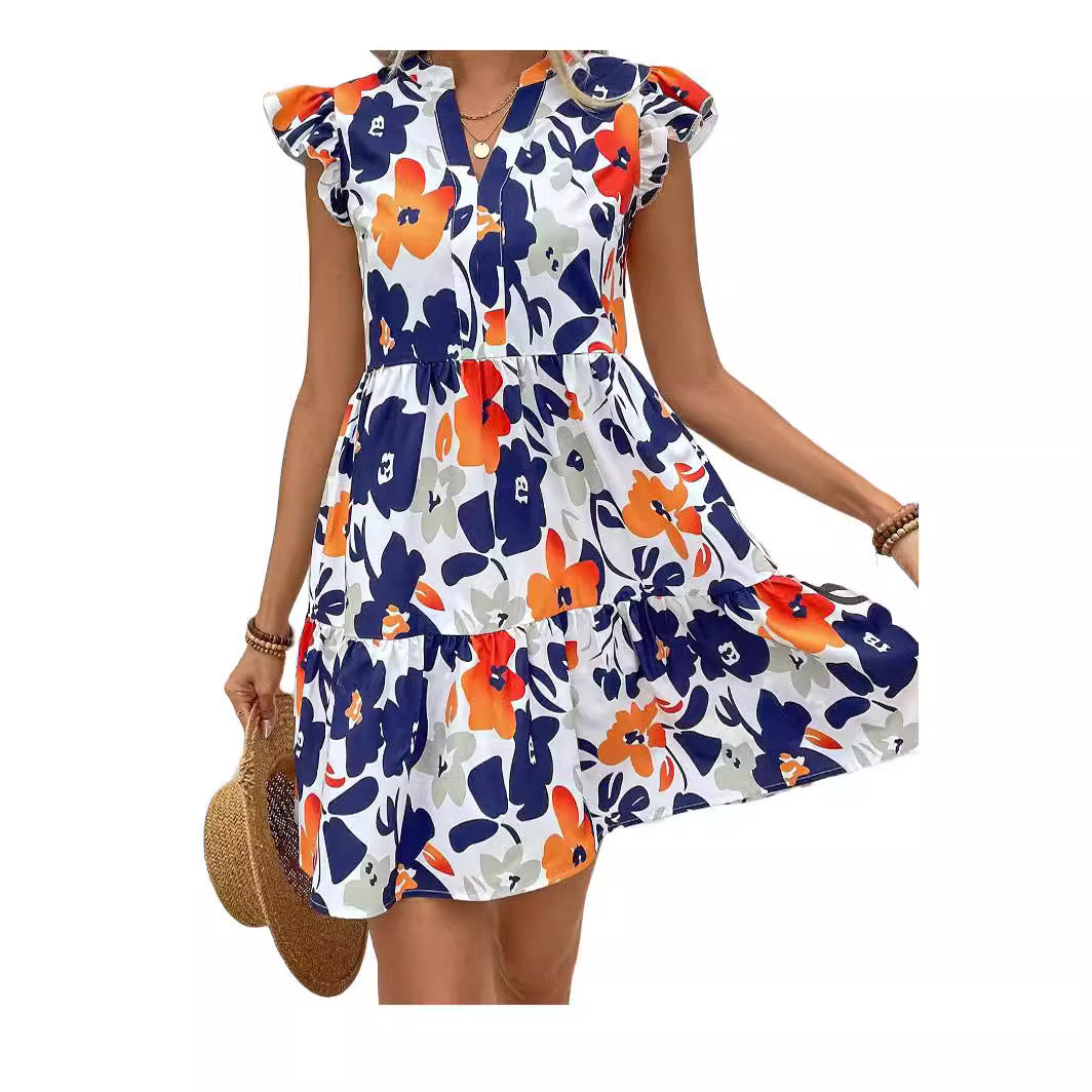 Fashion Ruffled Hem Notched Collar Bay Sleeve Dress