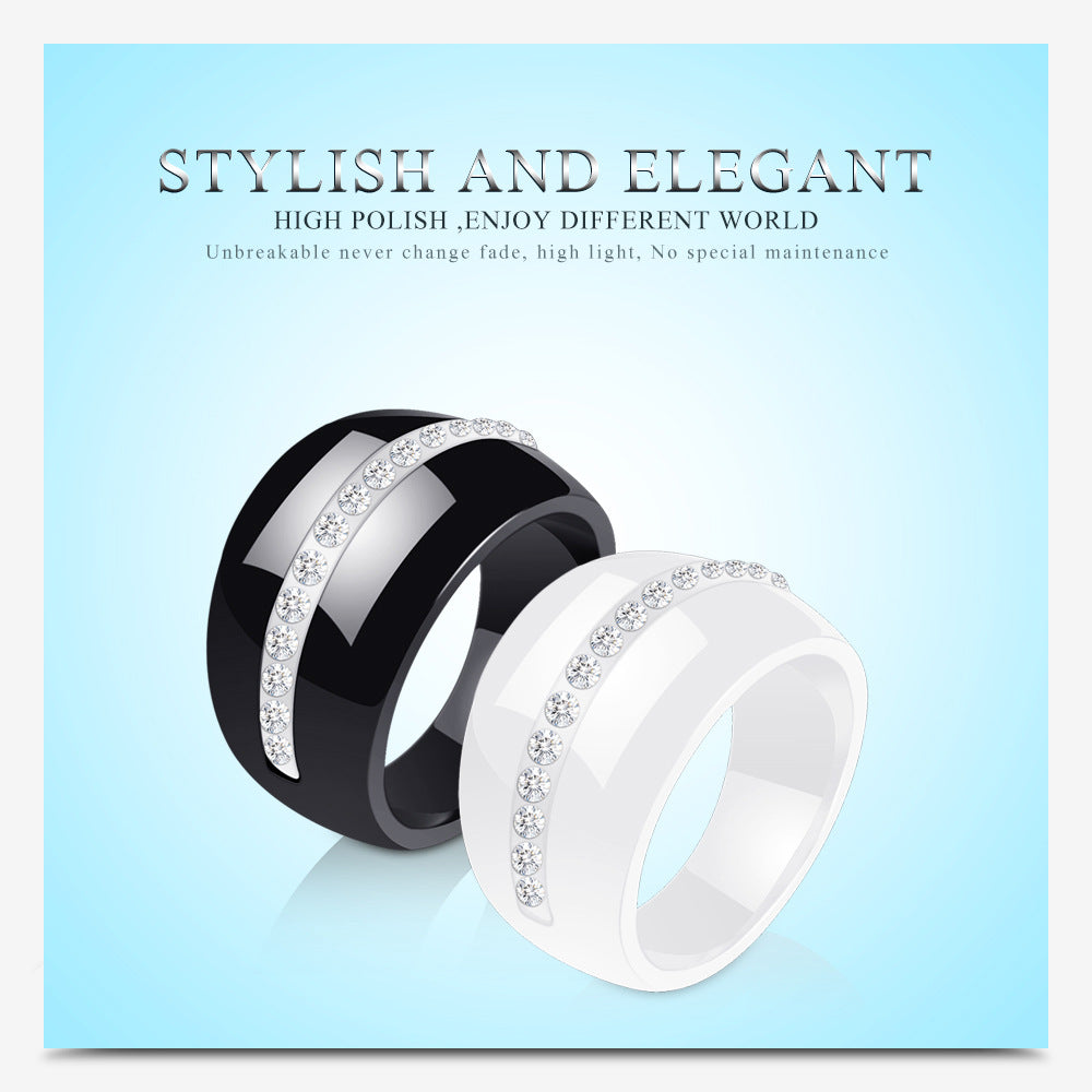 Fashion Single Row Diamond-Embedded Ceramic Ring