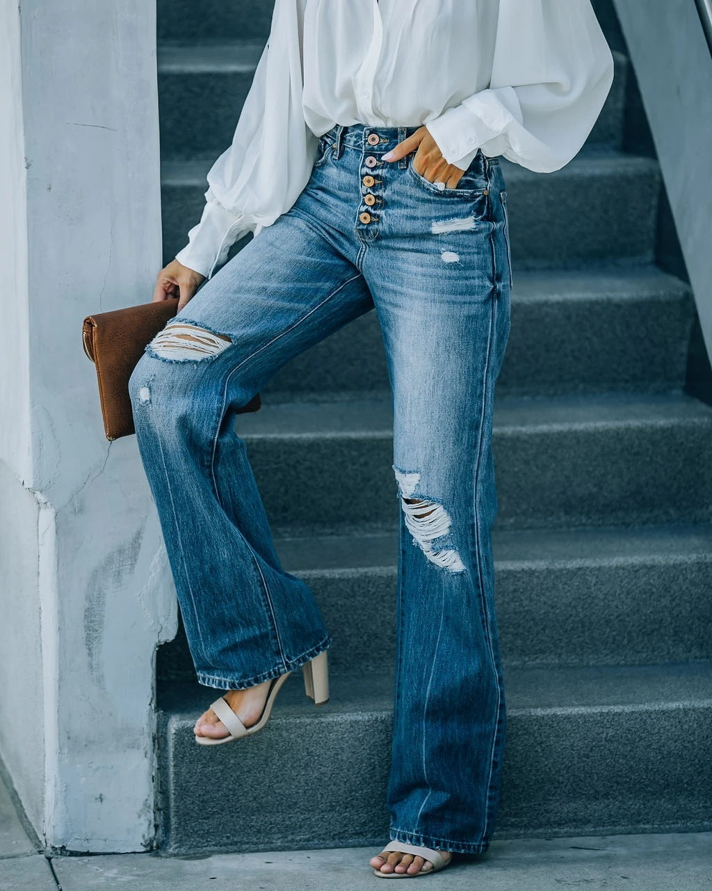 Fashion Water Washed Hole Single-Breasted Jeans