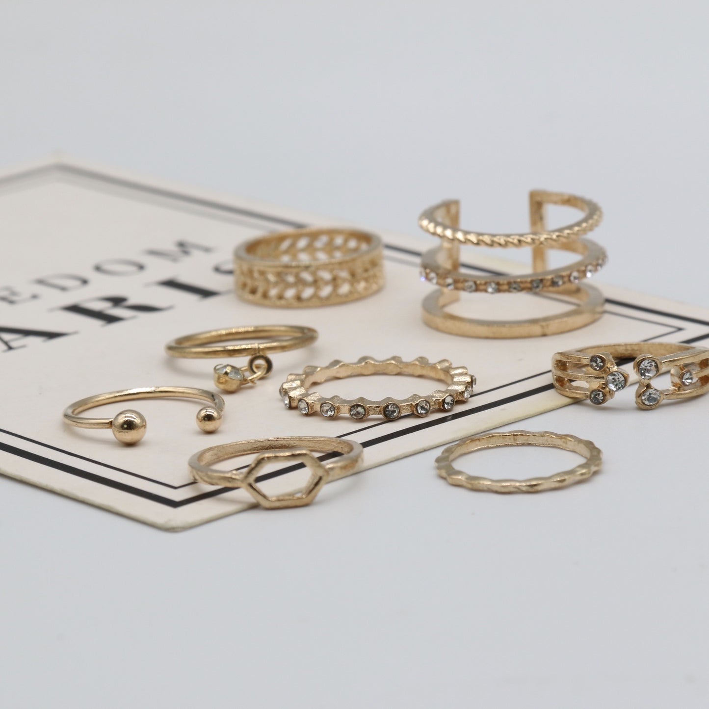Fashion Diamond-Embedded Geometric Ring Set