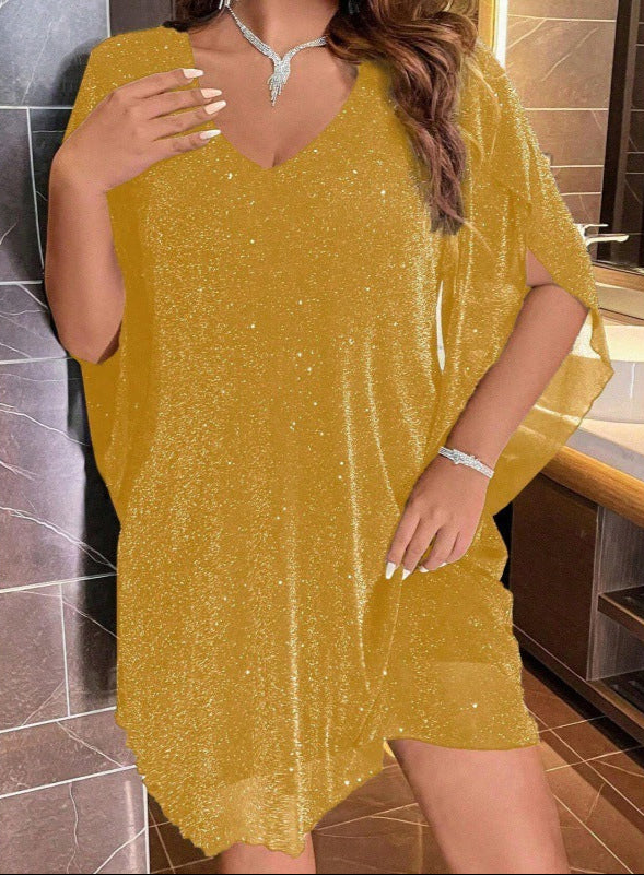 Fashion V-Neck Half Sleeve Loose Waist Shiny Dress