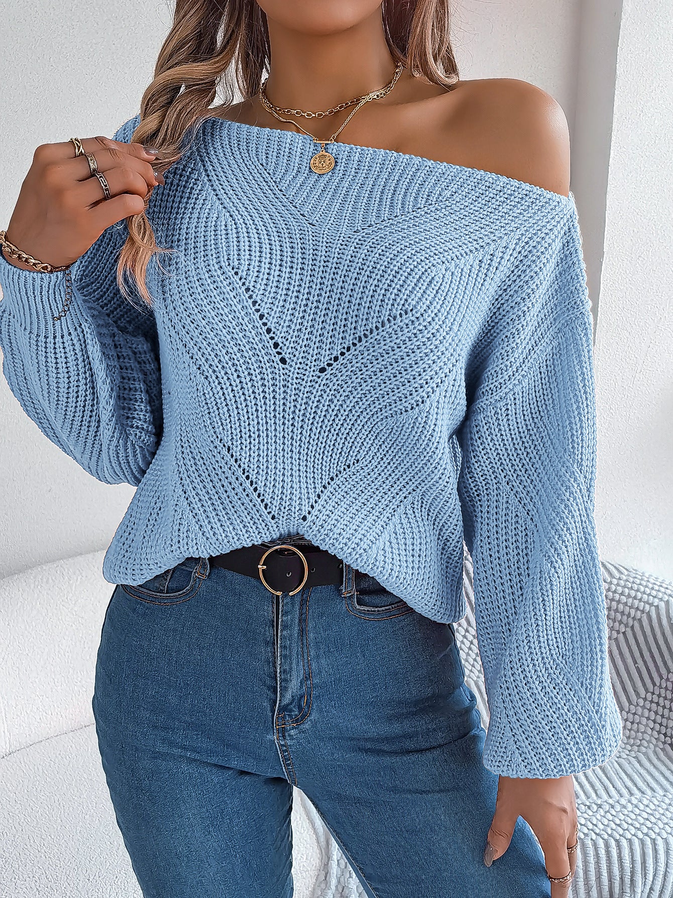 Fashion Hollow-Out Off-Neck Off-The-Shoulder Lantern Sleeve Sweater