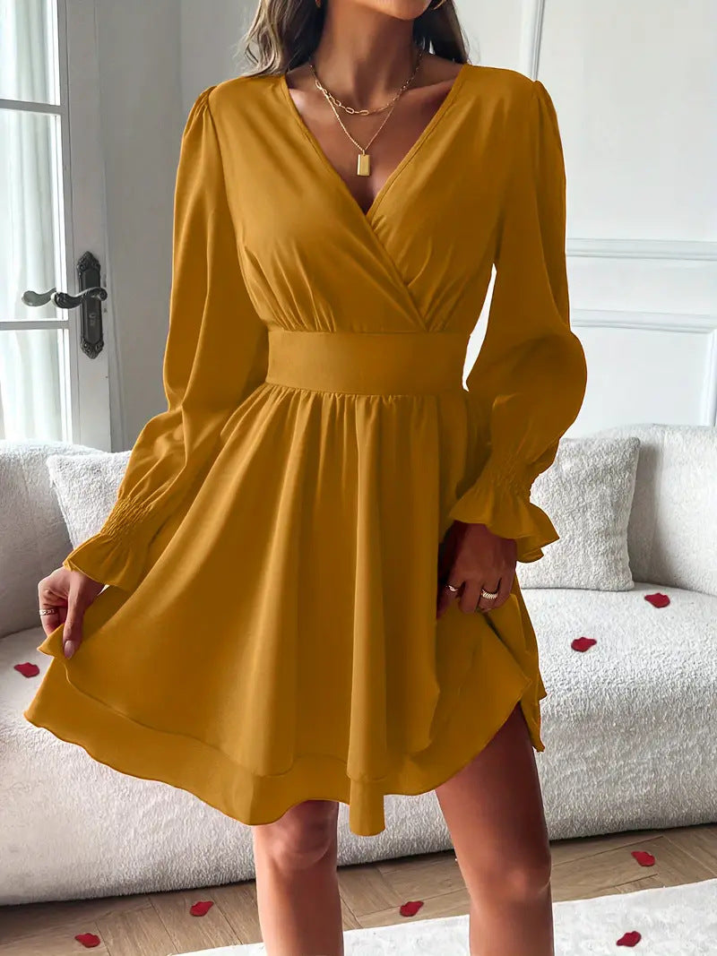 Fashion Double-Layer Skirt V-Neck Tight Waist Dress