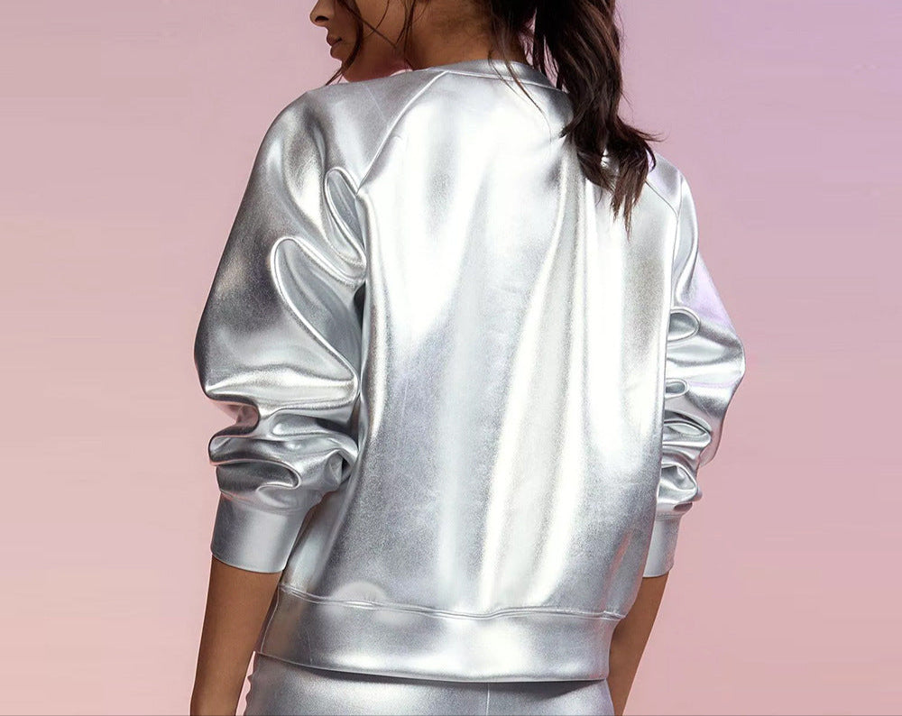 Fashion Round Neck Long Sleeve PU Leather Shirt