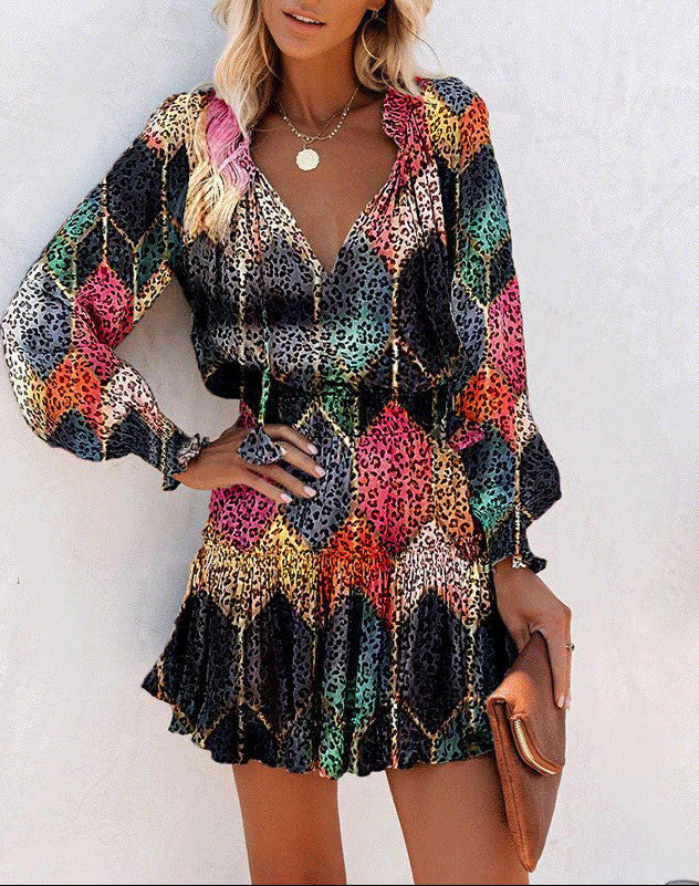 Fashion Printed Patchwork Puff Sleeve Dress