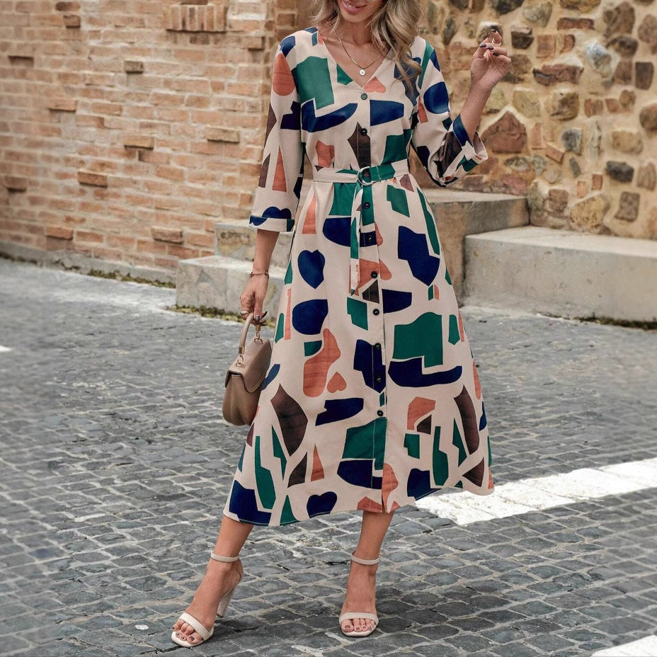Fashion V-Neck Printed Belt Dress