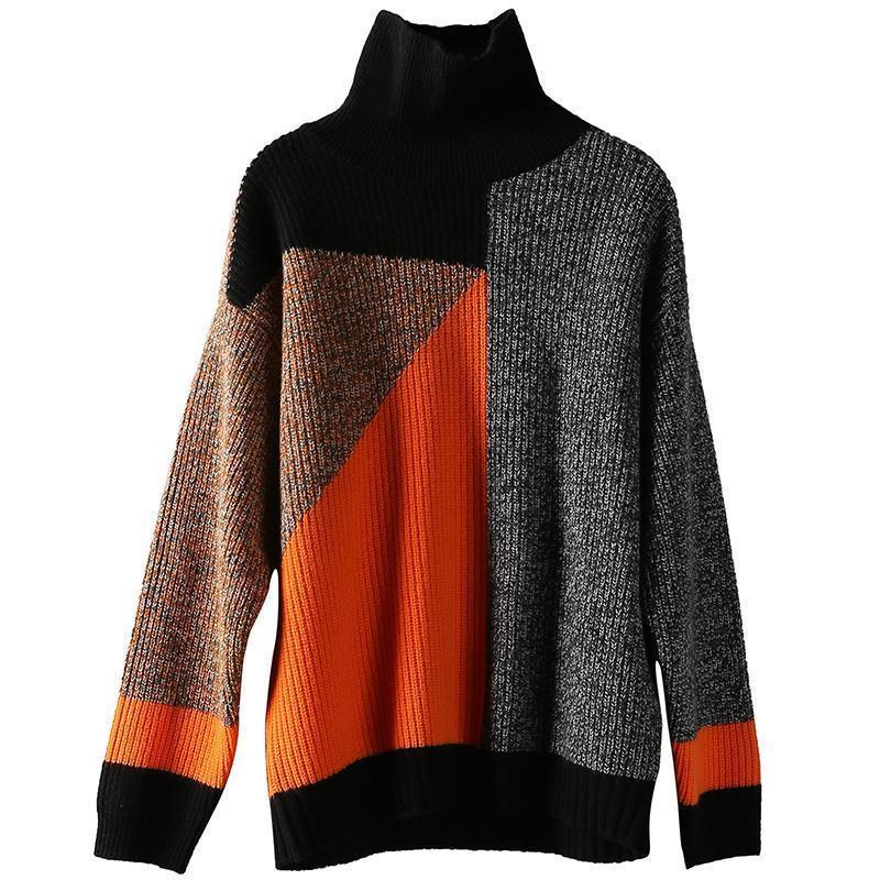 Fashion Retro Patchwork Contrast Color Turtleneck Sweater