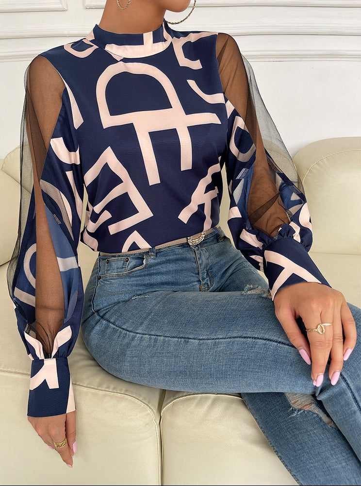 Fashion Geometric Print Stitching Mesh Shirt
