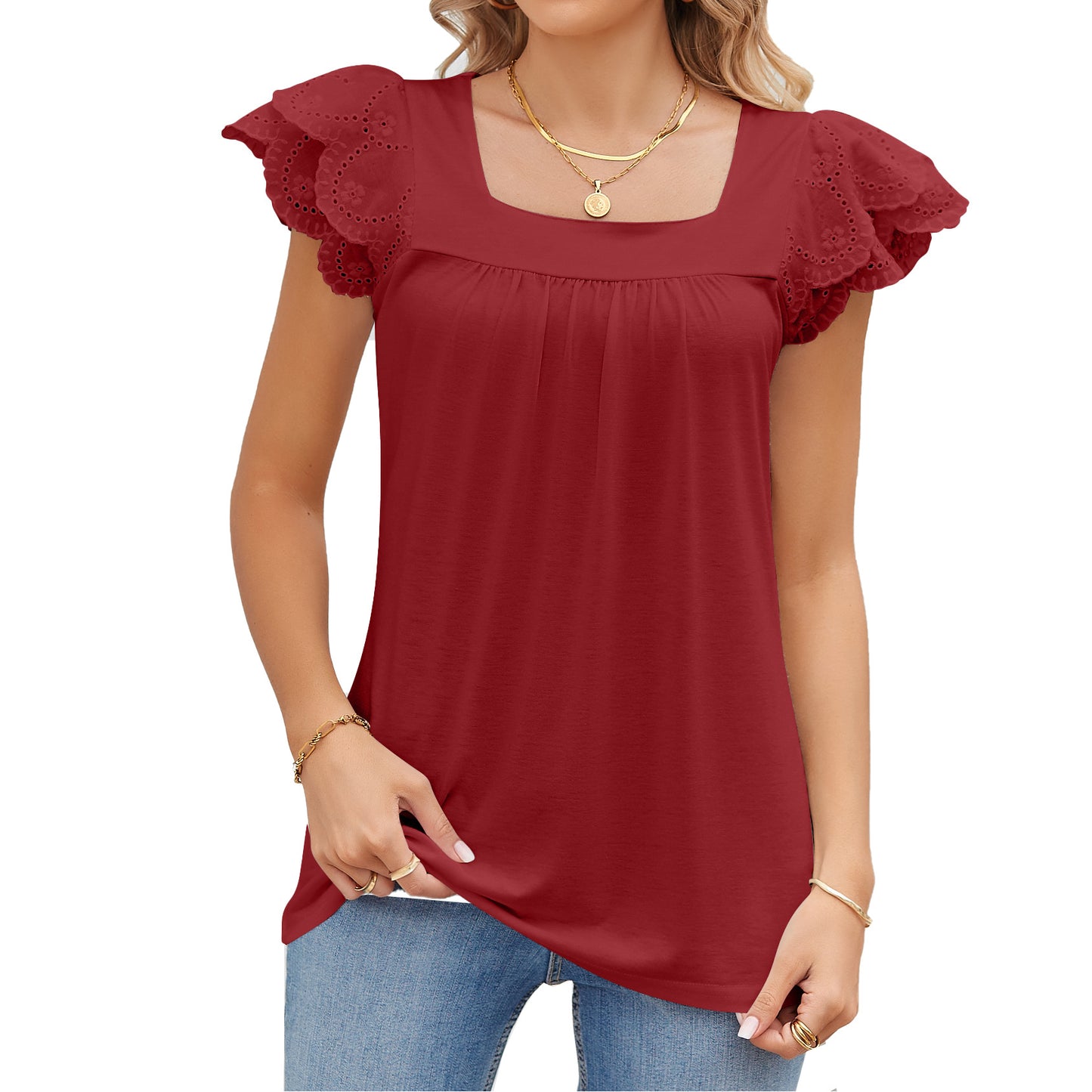 Fashion Lace Square Collar Petals T-Shirt