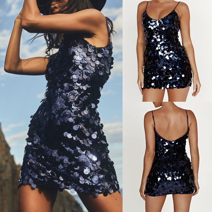 Fashion Sequin Irregular Spaghetti-Strap Dress