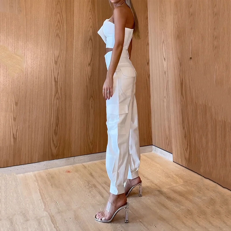 Fashion Off-Shoulder Short Top Pocket Skinny Pants