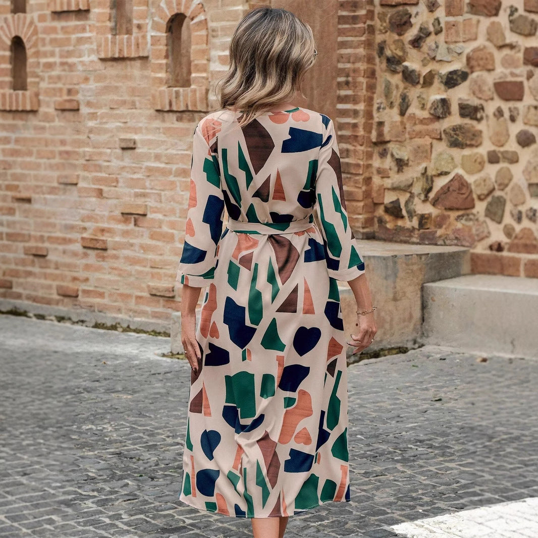 Fashion V-Neck Printed Belt Dress
