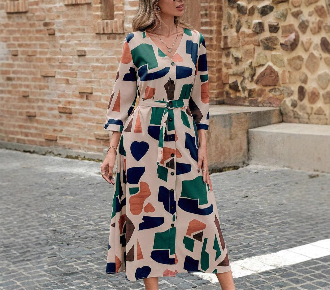 Fashion V-Neck Printed Belt Dress