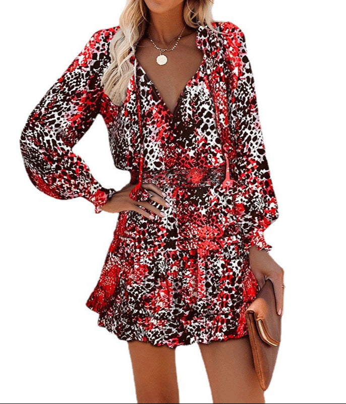 Fashion Printed Patchwork Puff Sleeve Dress