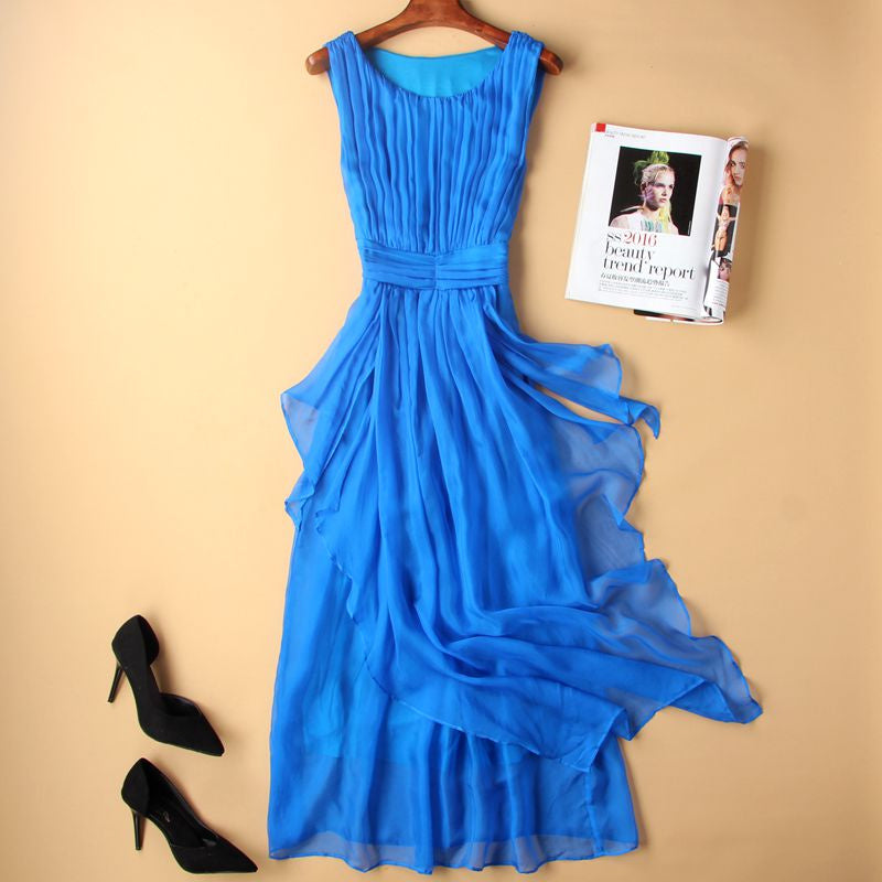 Fashion Round Neck Silk Long Dress