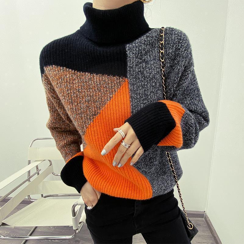 Fashion Retro Patchwork Contrast Color Turtleneck Sweater