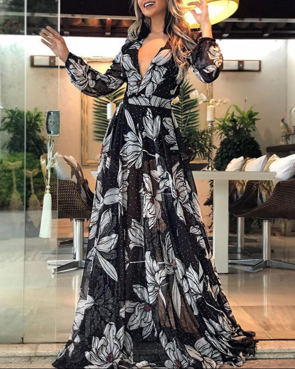 Fashion Deep V Printed Dress