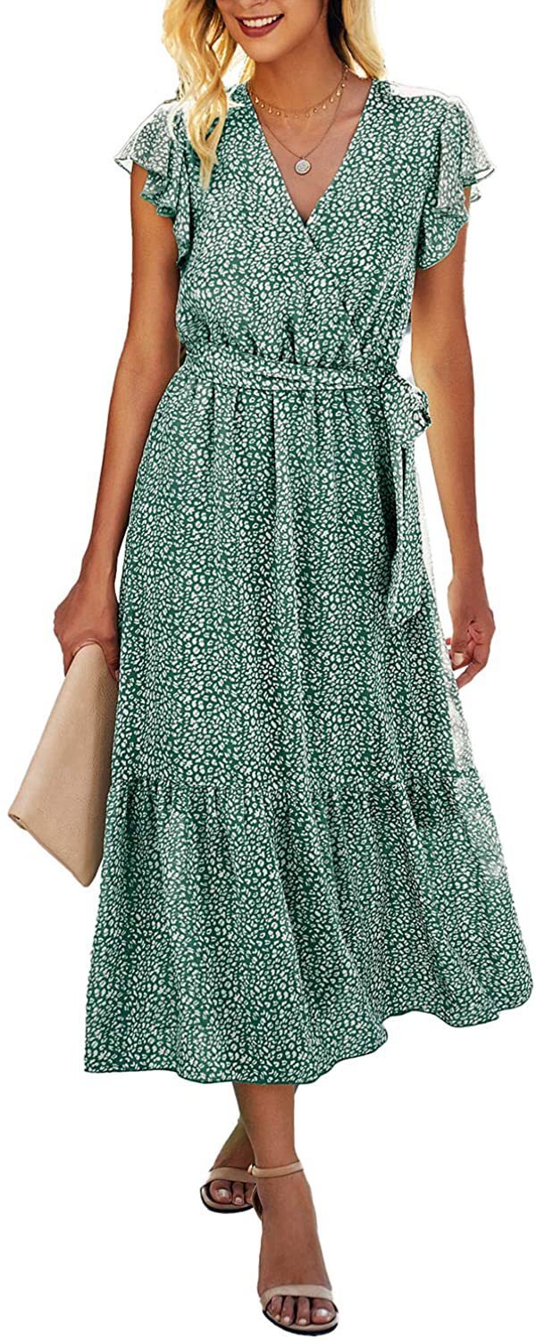 Fashion Printed V-Neck Cross Lace-Up Dress